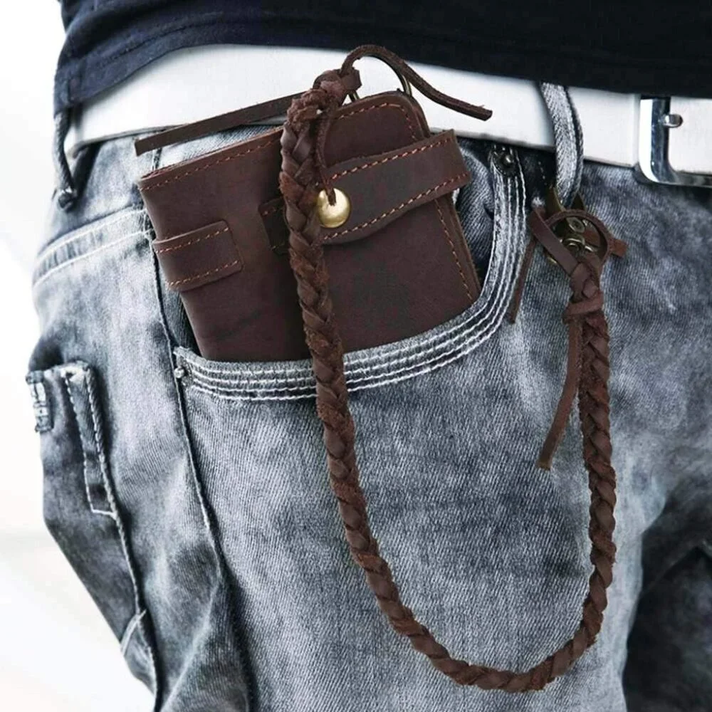 ✨Le'aokuu Men Brown Genuine Leather Organizer Checkbook Removable Chain Wallet